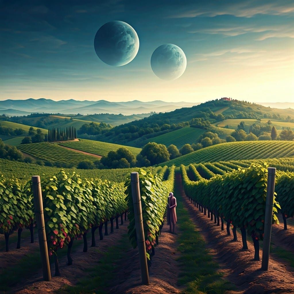 Rolling Vineyards on a Distant Planet at Dawn