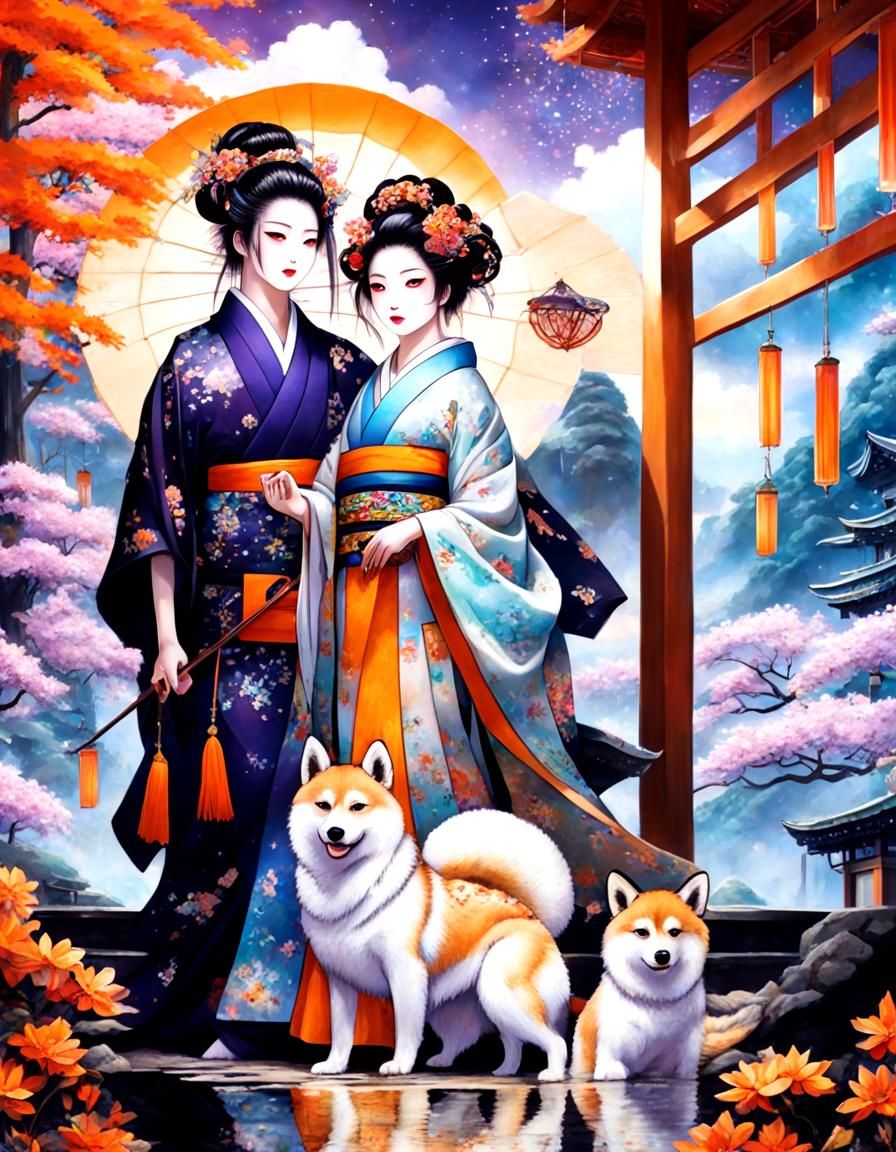Magical Geisha and Samurai in Anime Style