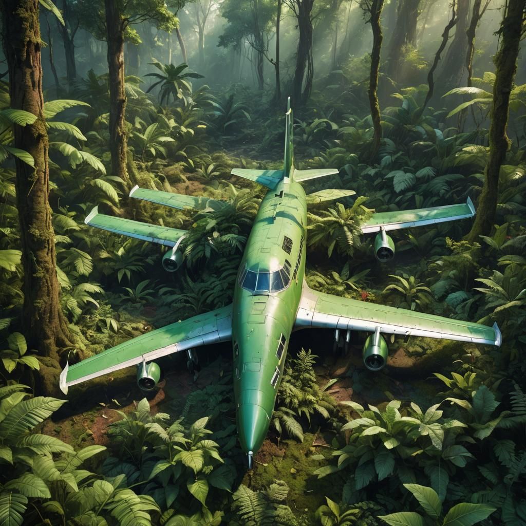 Green Airplane Abandoned in Forest with Giant Plants