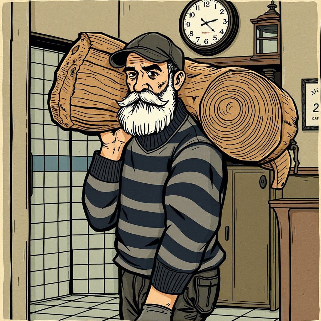 Strong Lumberjack Strides Through Vintage Interior