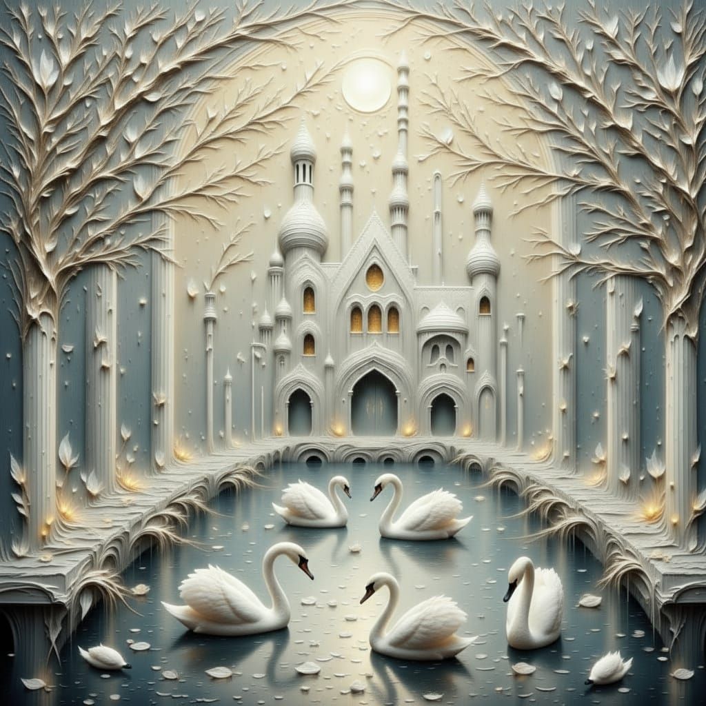 Shimmering White Castle Over Pearlescent Lake