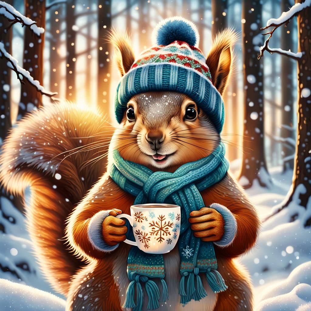 Squirrel with Hot Chocolate in Winter Wonderland