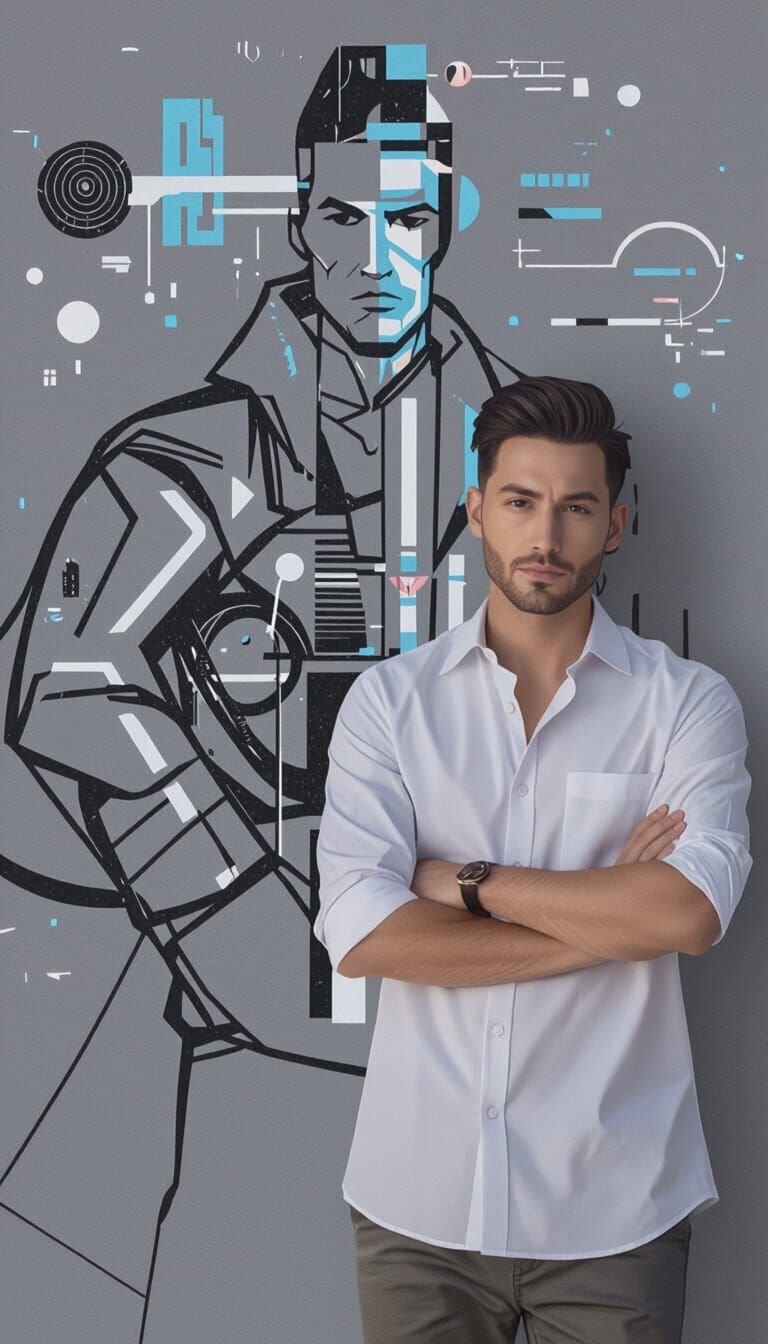 Confident Man in Urban Setting, Futuristic Digital Art