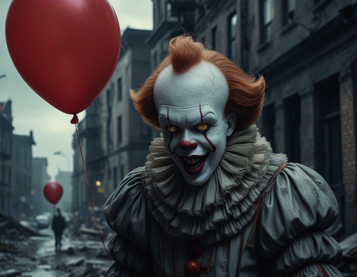 Laughing Pennywise in Dystopian City: Photorealistic Horror