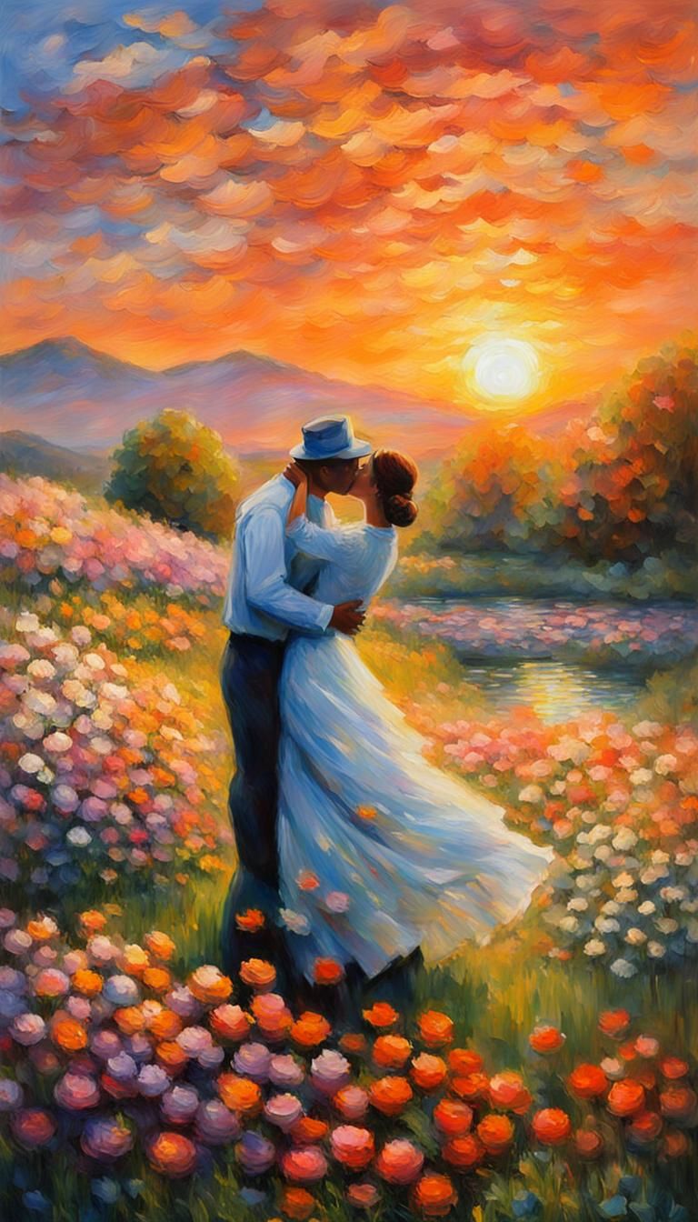 Romantic Sunset Kiss in Impressionistic Style