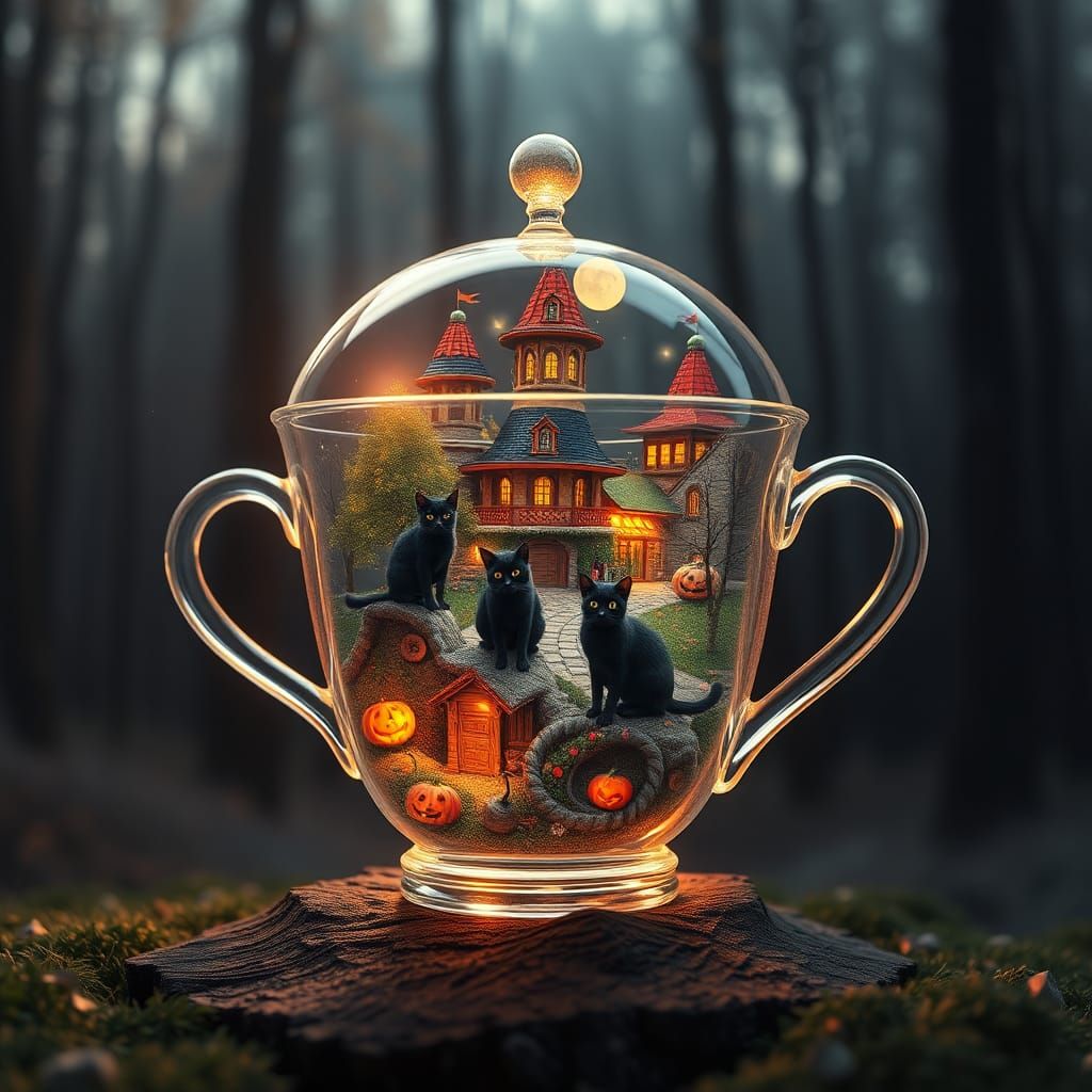 Magical Halloween Village in Crystal Teacup: 3D Render