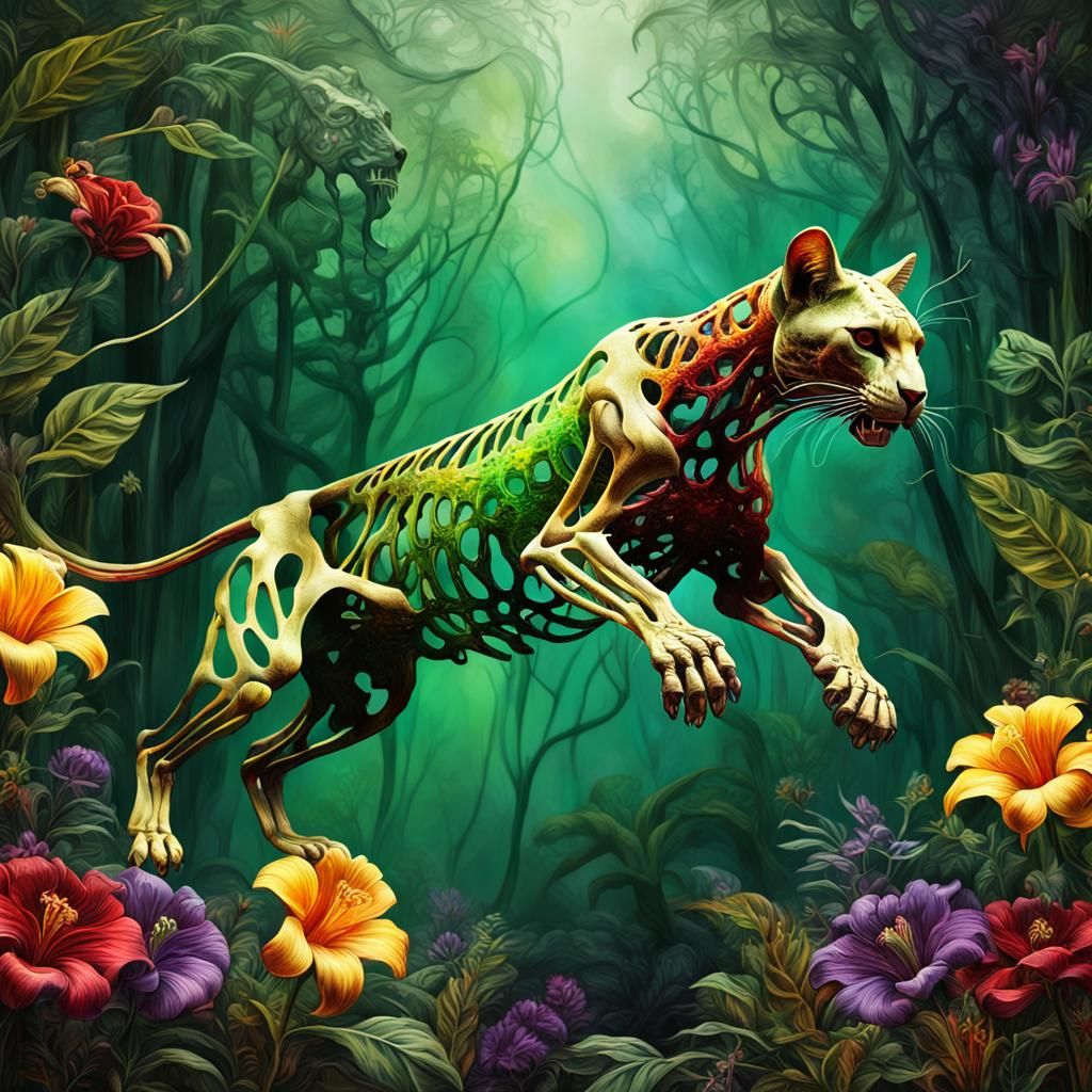 Glass and Skeleton Puma Leaping: Surreal Concept Art