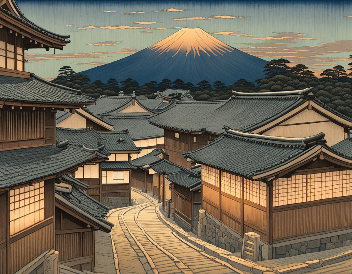 Ukiyo-e Print of Japanese Town at Sunset