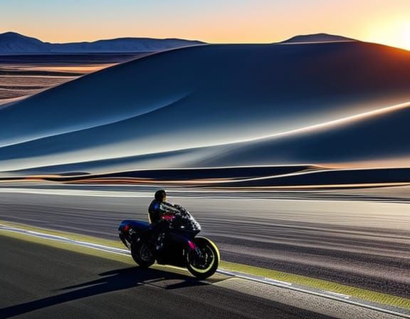 Cyberpunk Motorcycle on Desert Road at Sunset