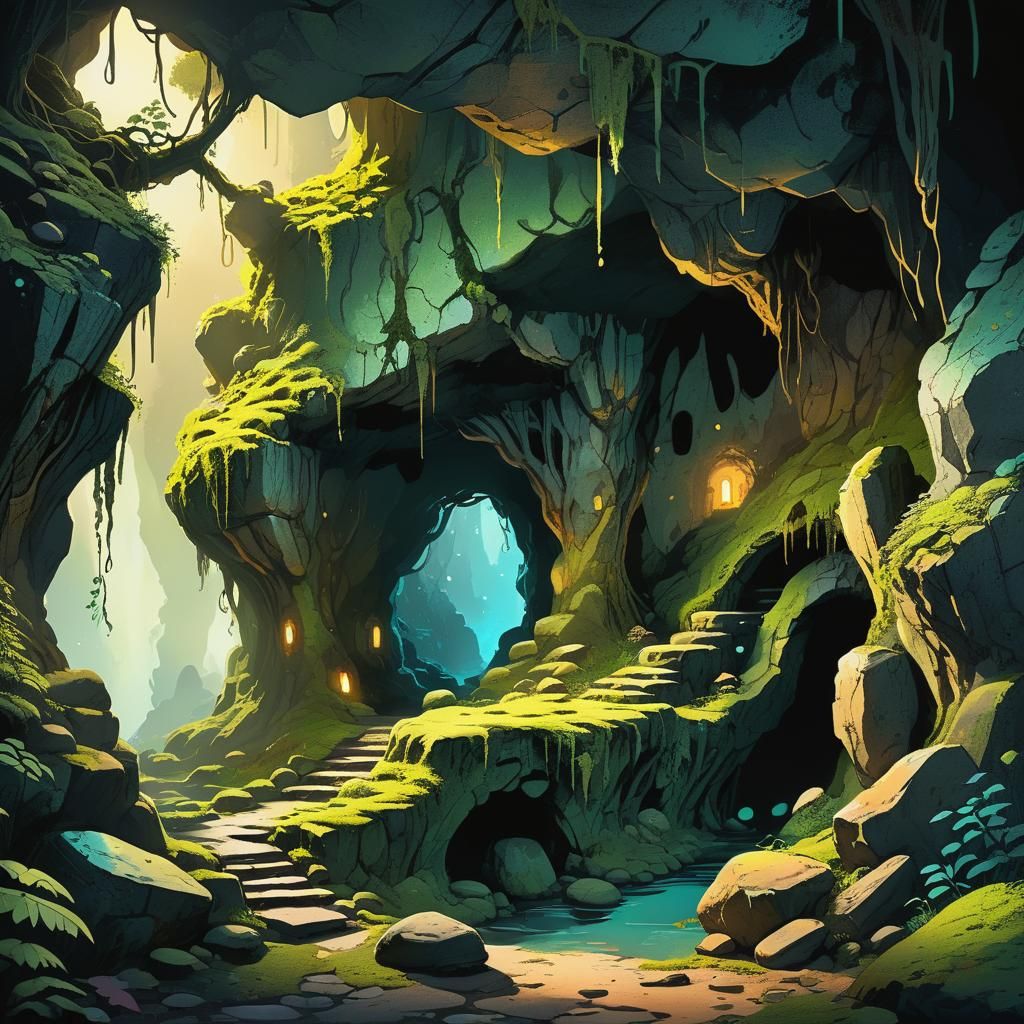 Mysterious Mossy Cave with Ancient Symbols, Moebius Style