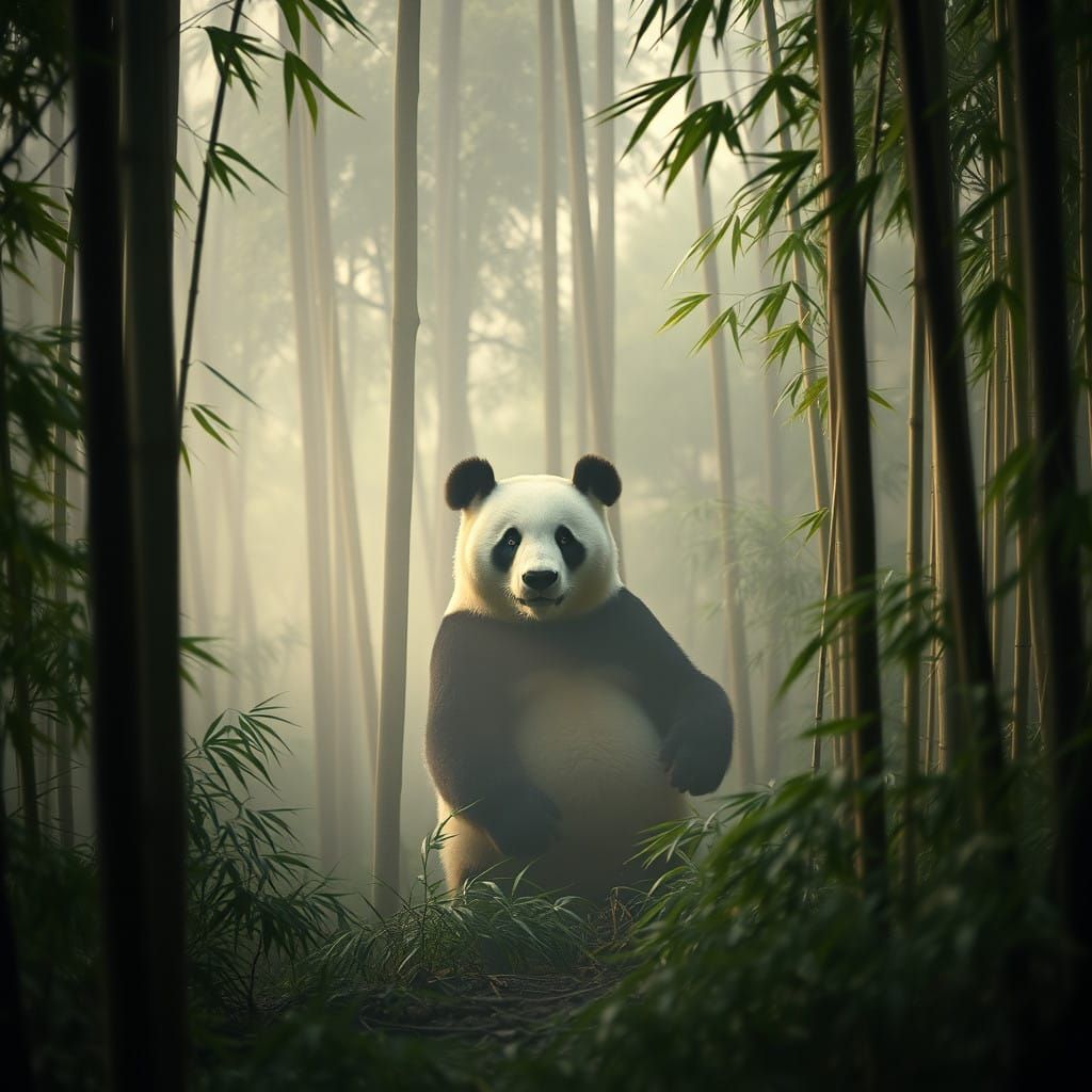 Majestic Giant Panda in a Misty Bamboo Forest