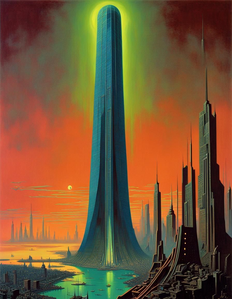 Futuristic Art Deco Tower in Cyberpunk Style