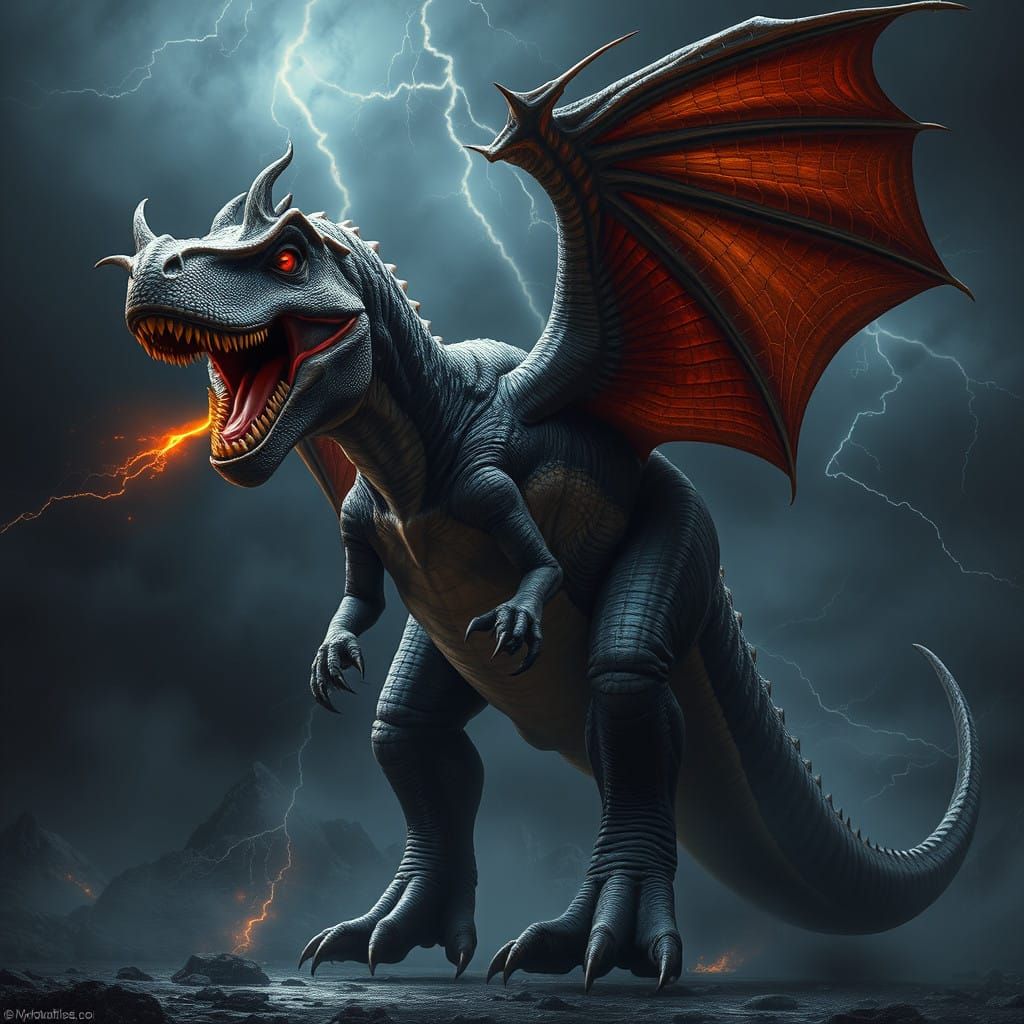 Sinister T-Rex Dragon Hybrid Reigns Over Dark, Stormy Landsc...