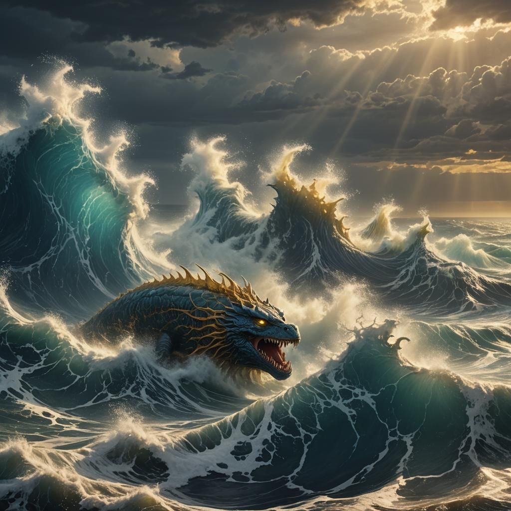 Majestic Sea Monster Emerges from Stormy Vortex