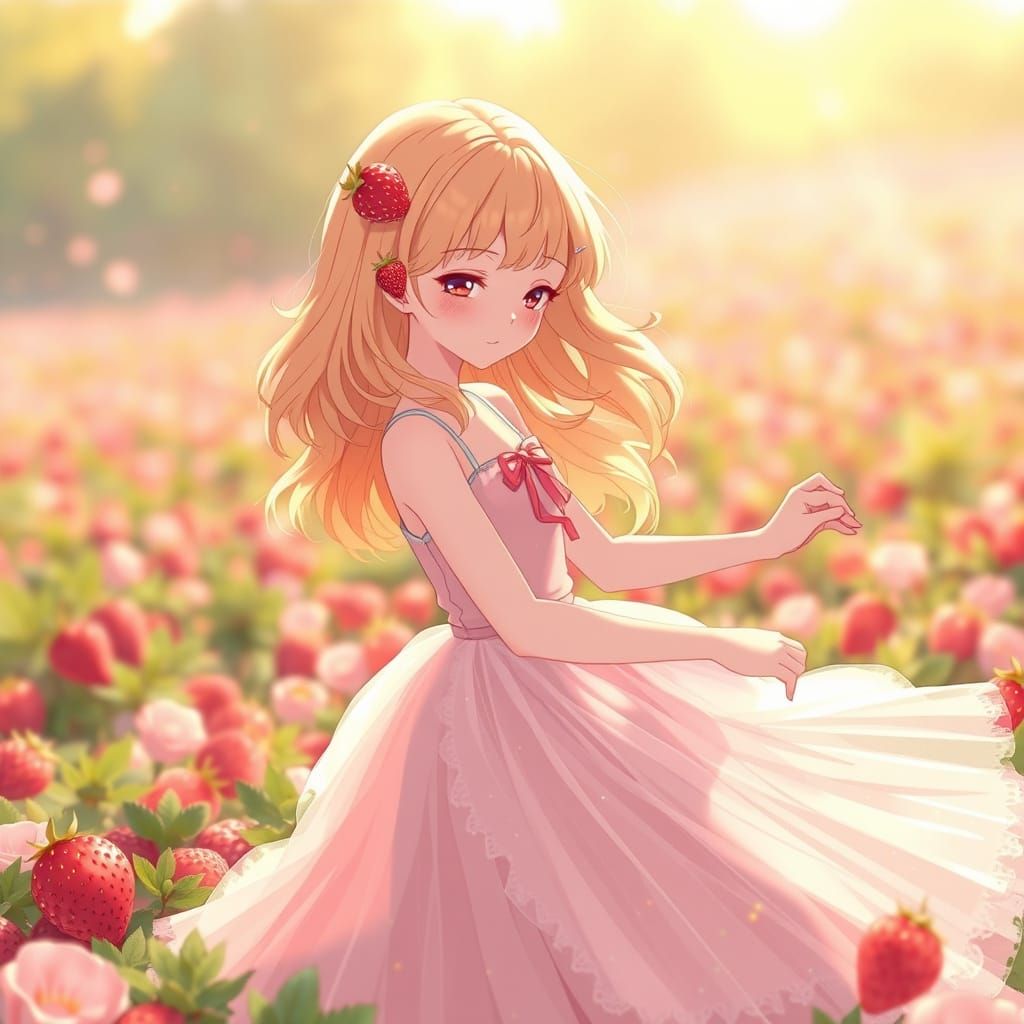 Ethereal Anime Girl in Whimsical Strawberry Field