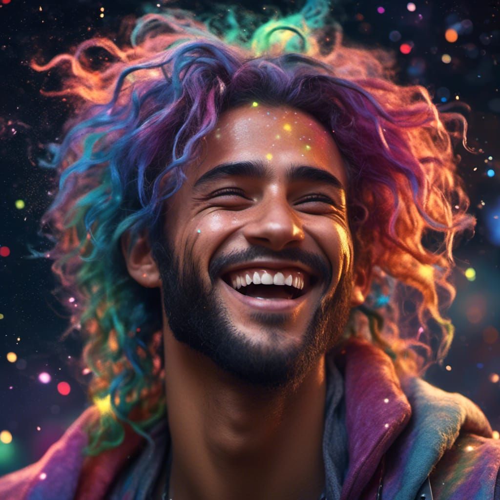 Rainbow-Haired Man Portrait in Hyperdetailed Splash Art Styl...