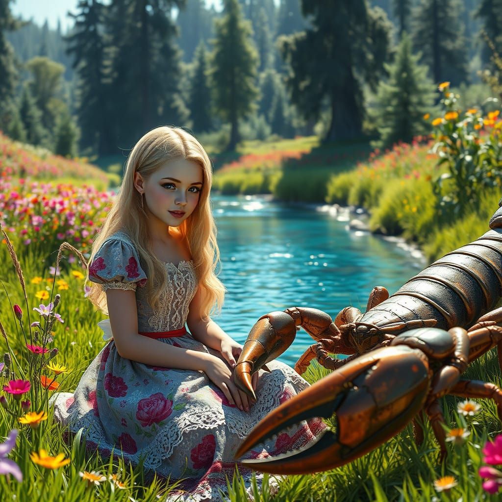 Whimsical Alice in Wonderland Scene with Scorpion