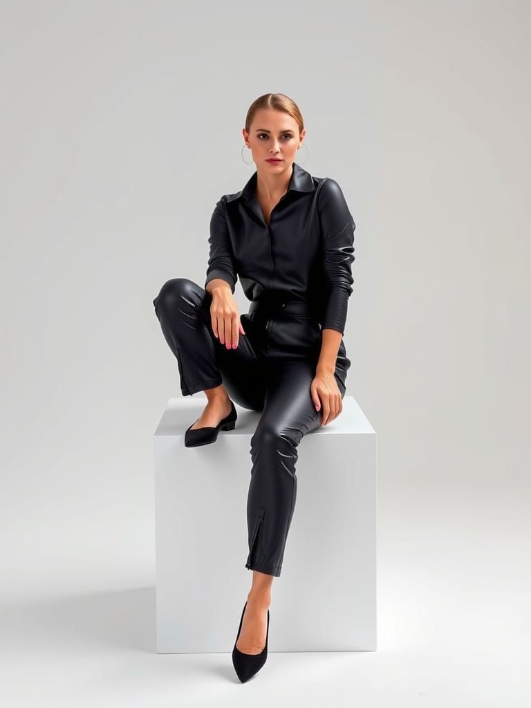 Dreamy Slavic Woman in Black Leather Jumpsuit