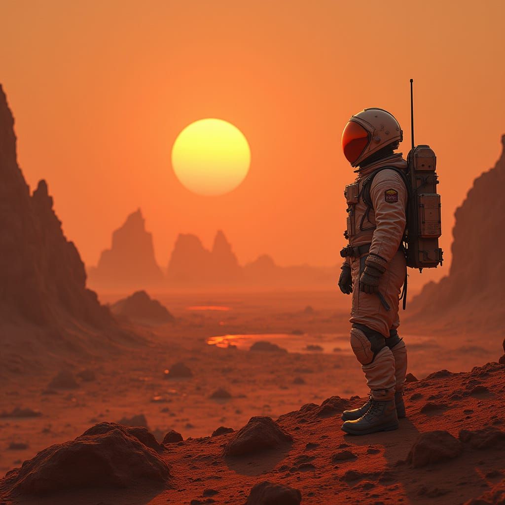 Astronaut Gazes at Binary Sunset on Rugged Mars-like Planet