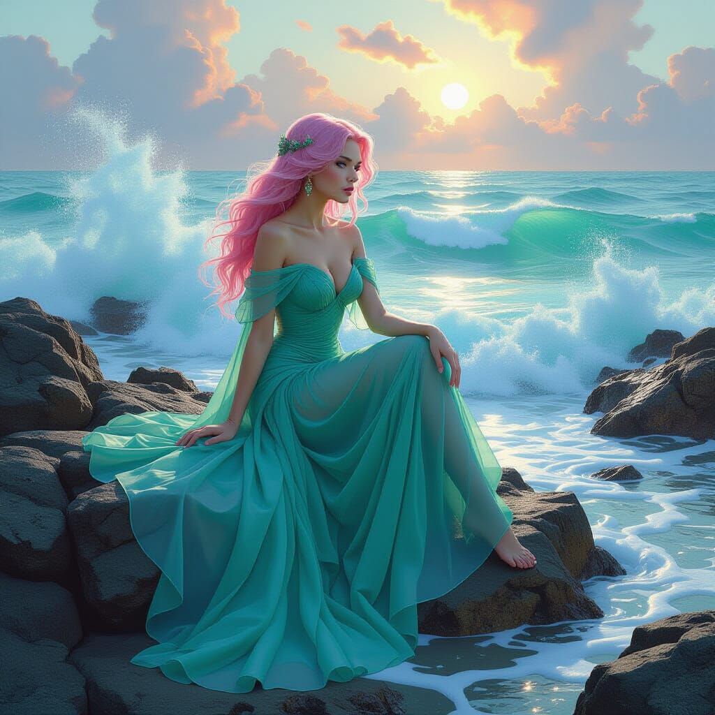 Mystical Pink Siren on Ocean Rocks in Dreamlike Style