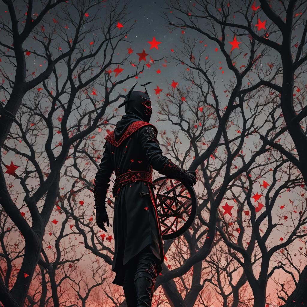 Masked Figure in a Dark Fantasy Landscape