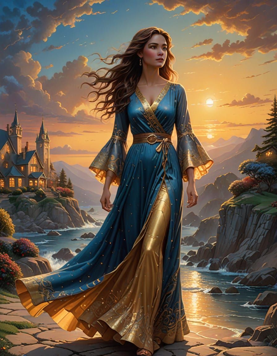 Woman in Shimmering Dress Before Sunset, Ethereal Fantasy Ar...