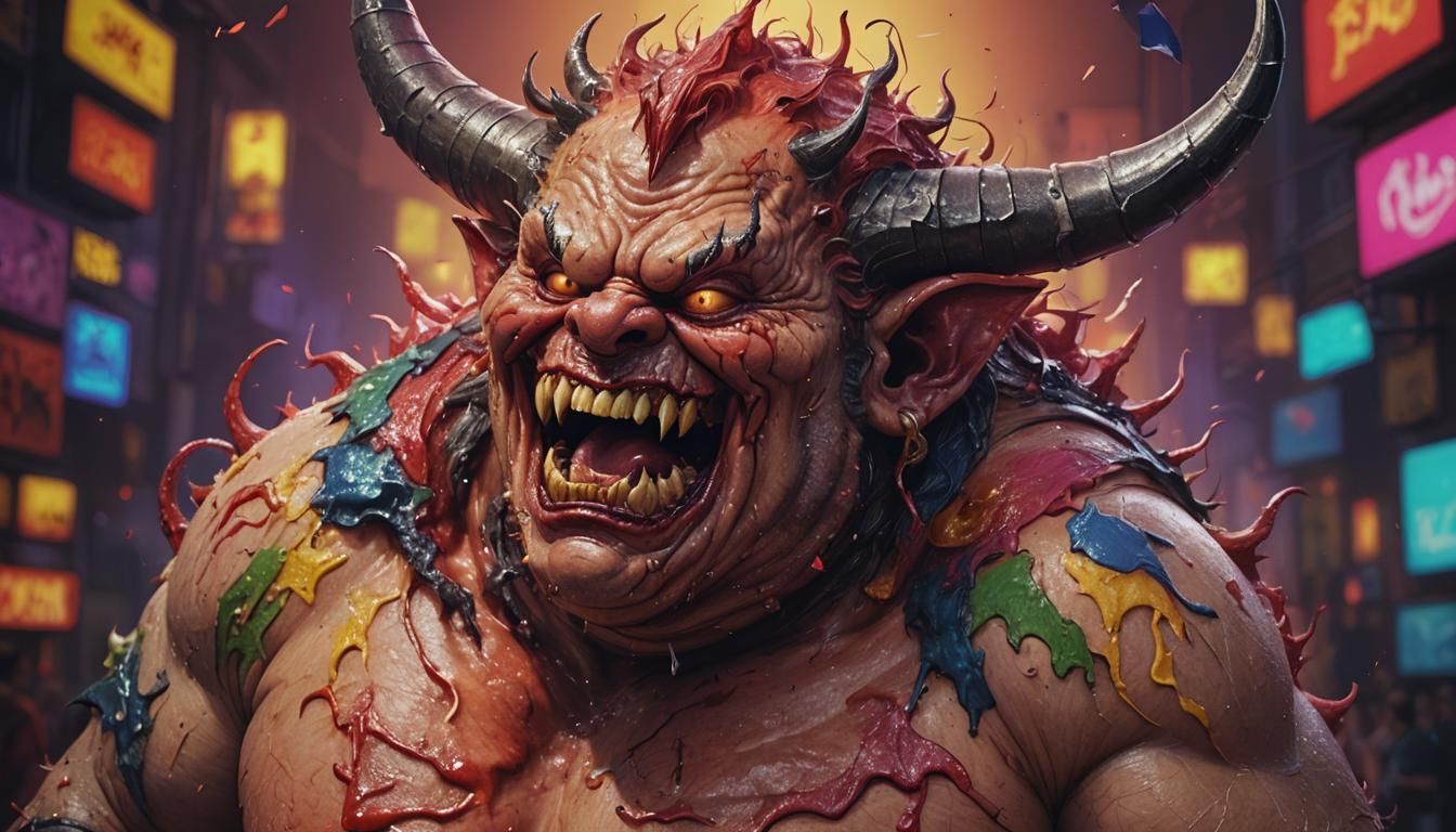 Humorous Demon Sings Karaoke: Hyperrealistic Digital Art