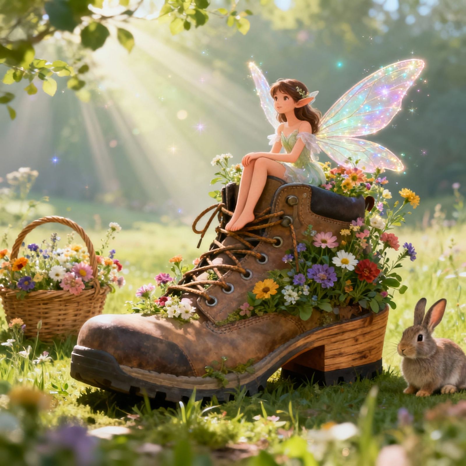 Fairy Girl Rests on Giant Boot in Floral Wonderland