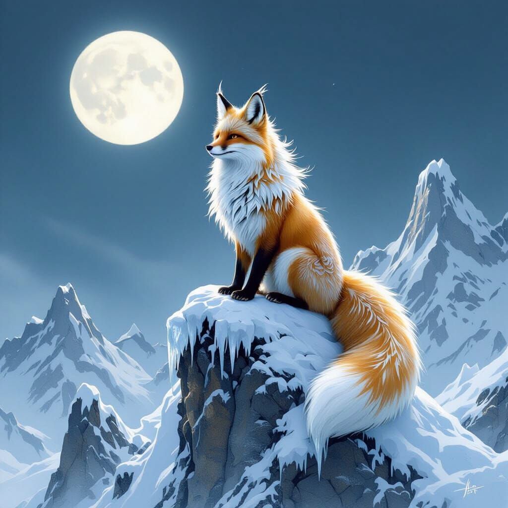 Majestic Silver Fox on Snowy Peak