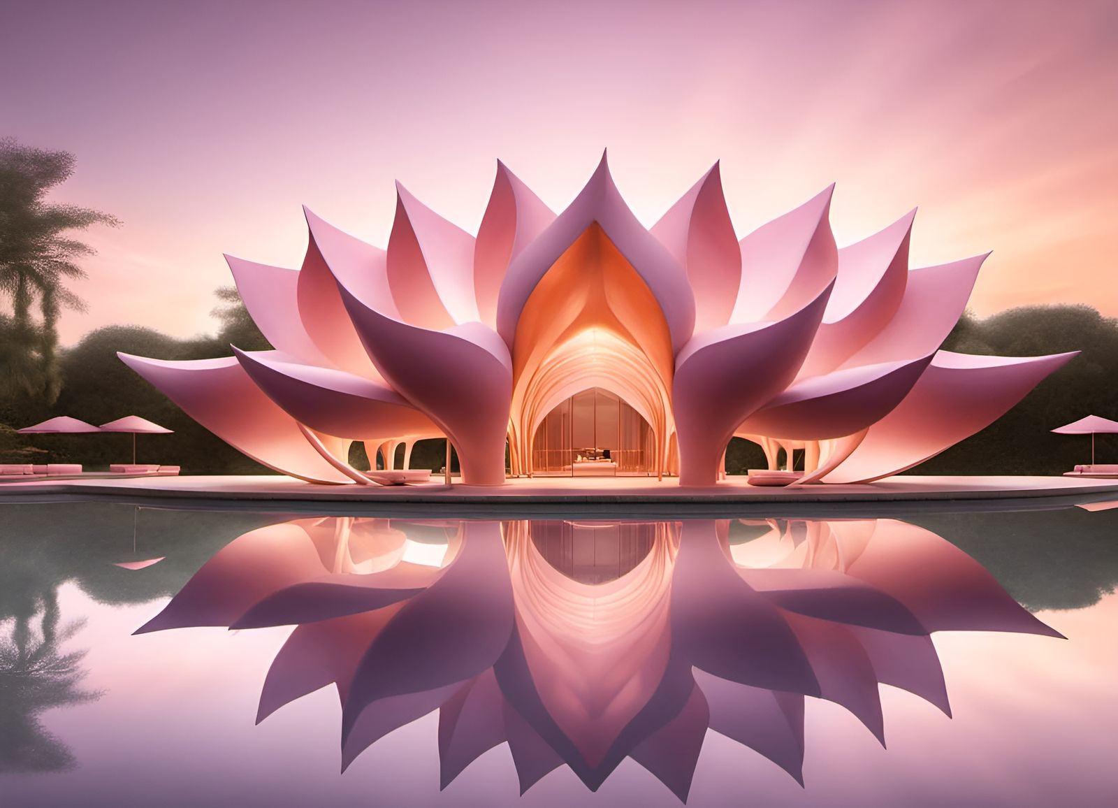 Lotus Flower Resort at Sunset in Pastel Tones