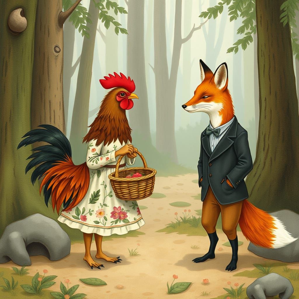 Hen in Floral Dress Meets Fox in Suit in Whimsical Forest