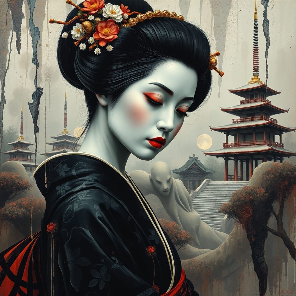 Surreal Geisha in Ancient Temple: Trompe l'Oeil Style