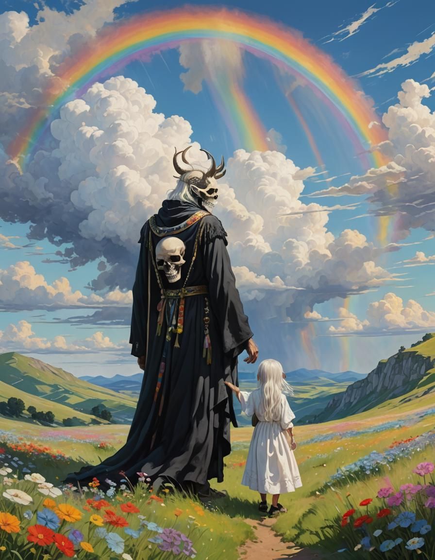 Horned Skull Man and Girl in Meadow