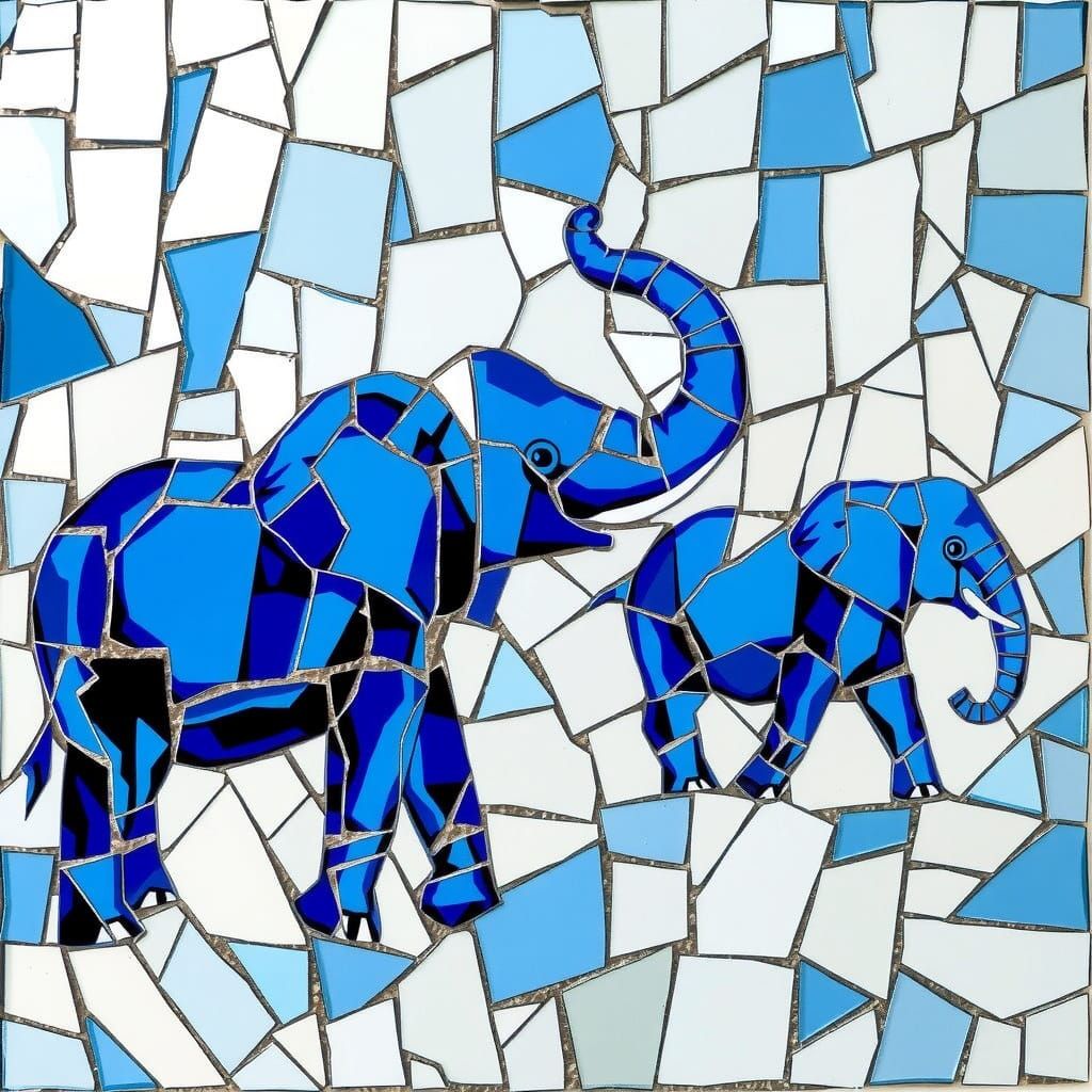Blue Elephants in Shattered Glass Mosaic