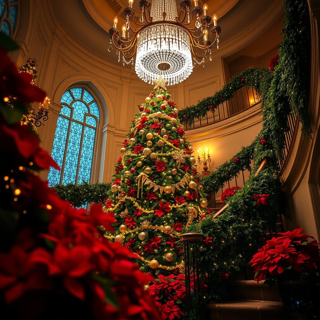 Grand Christmas Tree Ascends Staircase in Vibrant Opulence