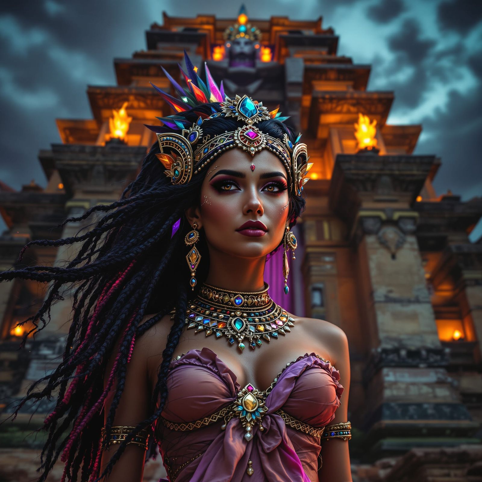 Aztec Princess Before Temple in Deep, Complementary Colors