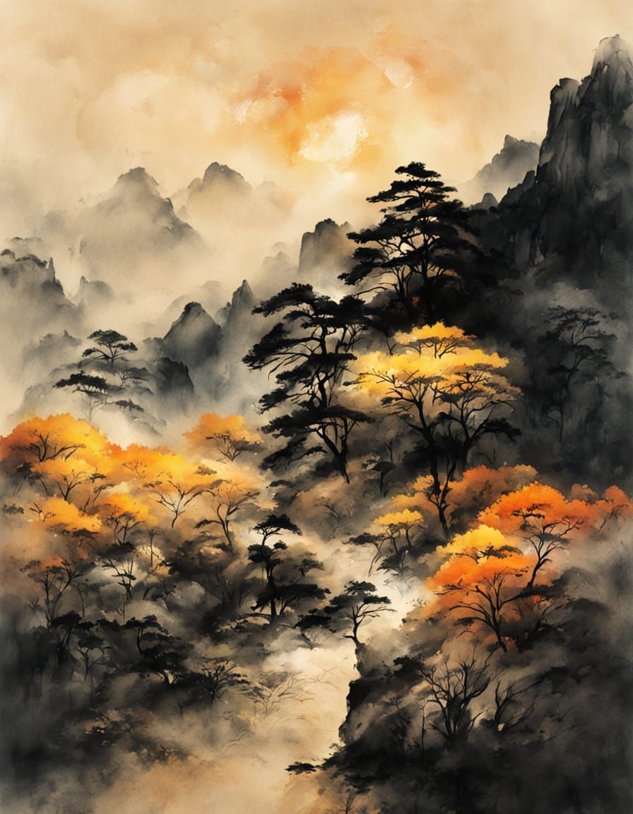 Misty Mountain Contemplation in Traditional Chinese Painting...