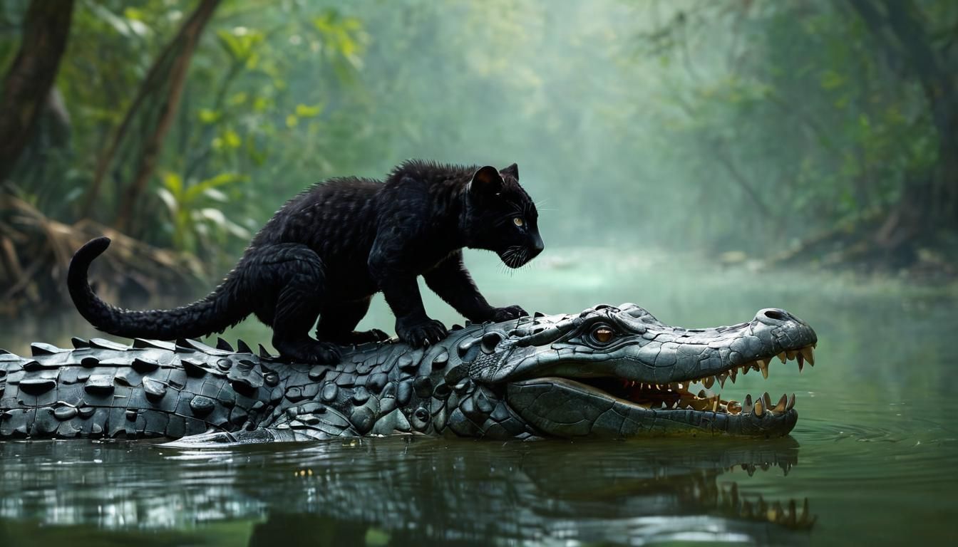 Dramatic Wildlife: Jaguar Cub on Crocodile