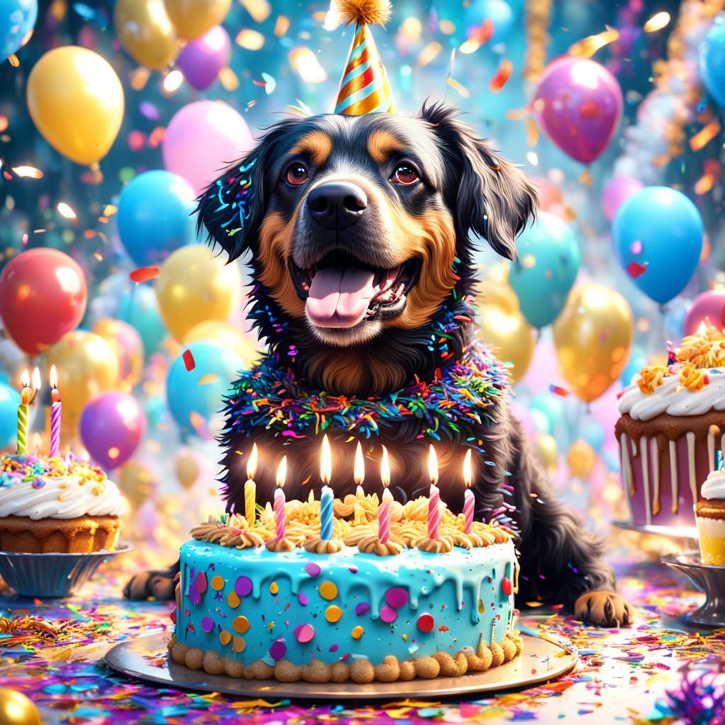 Dog Celebrates Birthday with Cake and Confetti