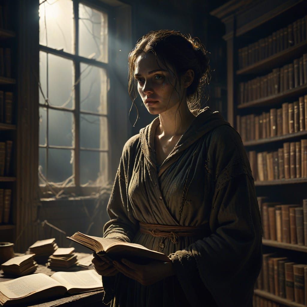 Figure Emerges From Shadow in Dusty Library