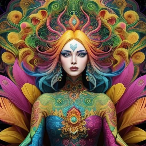 Peacock Woman in Abstract Fractal Dreamscape