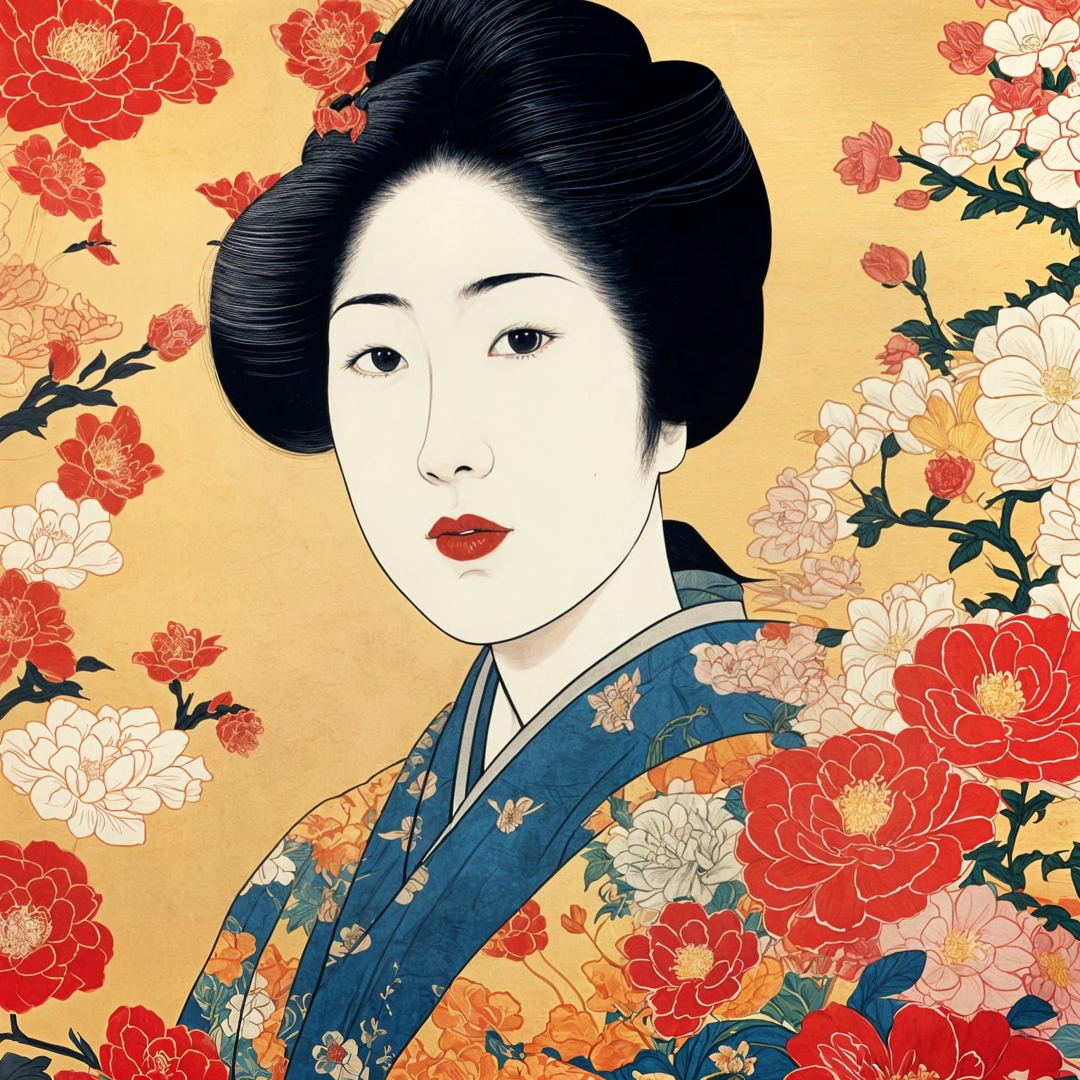 Asian Flowers Silk Kimono in Ukiyo-e Style