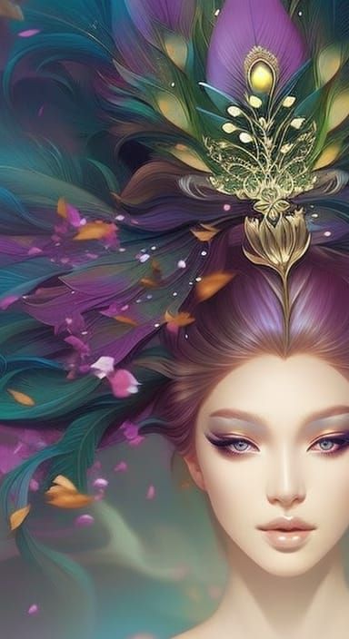 Goddess Portrait with Flowers and Peacock Feathers