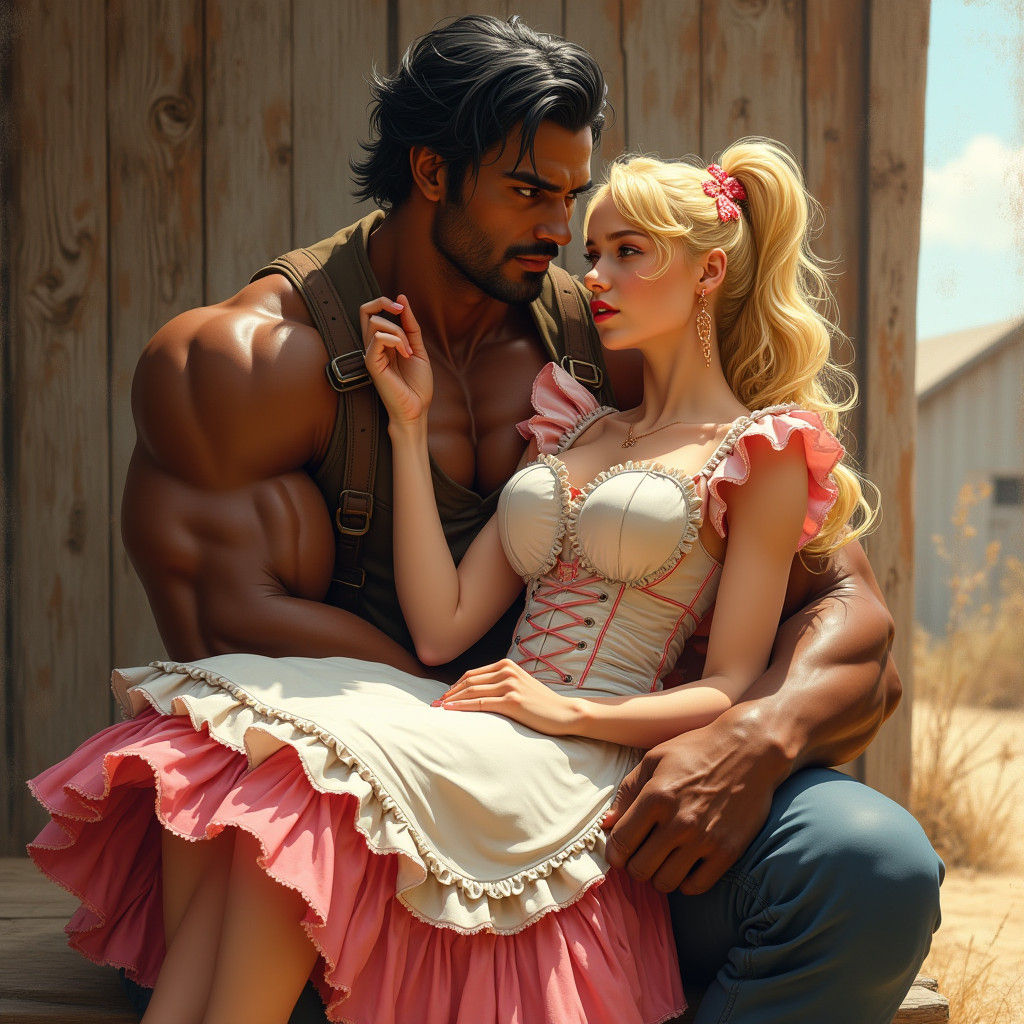 Cowboy Cradling Maid in Western Landscape