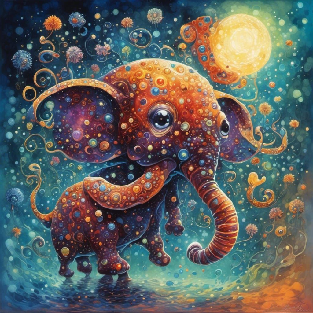 Chibi Elephant with Sparkling Eyes in Dark Fantasy Style