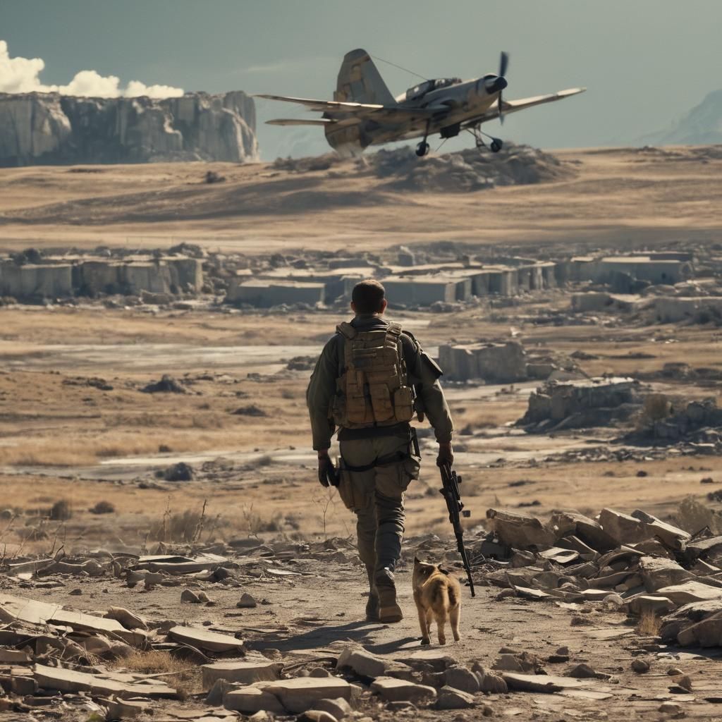 Epic 35mm Film Still of Sniper and Cat on Aerodrome Ruins