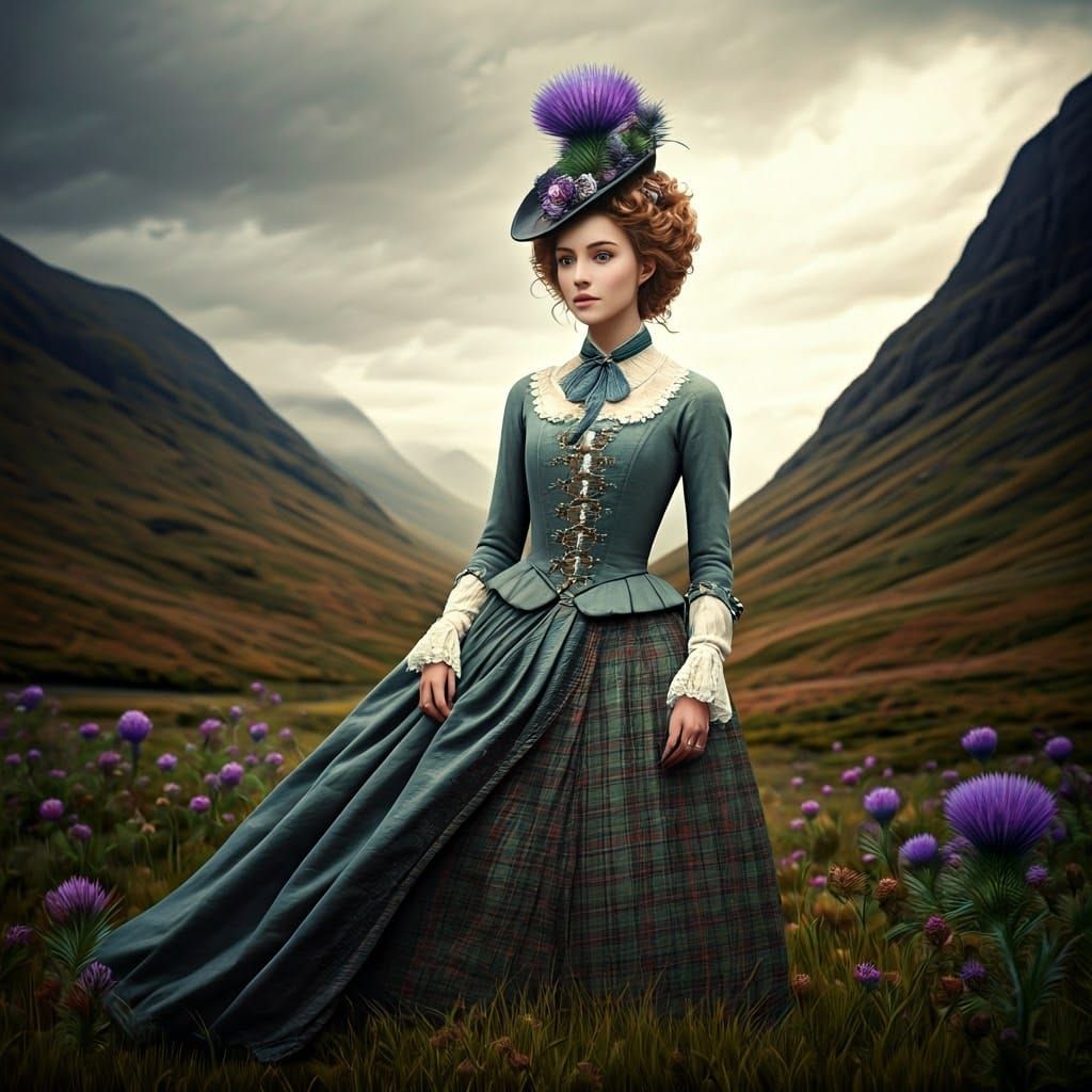 Thistle Maiden in Misty Scottish Highlands Landscape