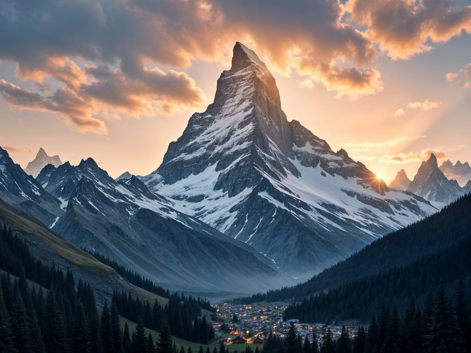 Matterhorn Sunrise Over Swiss Alps Village