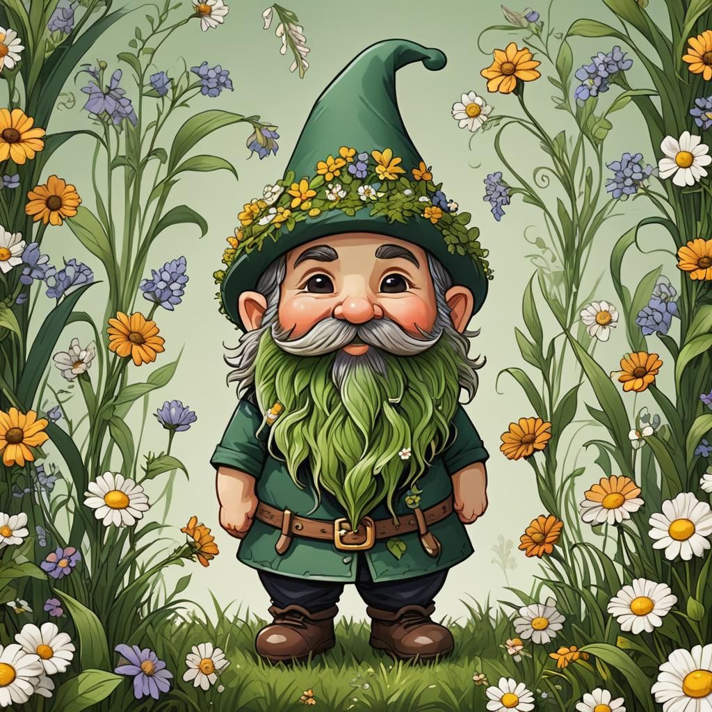 Chibi Gnome with Grass Beard and Flower Mustache