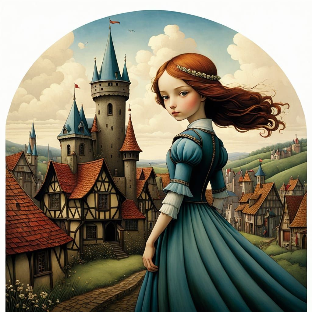 Medieval Townscape in Whimsical Watercolor Style